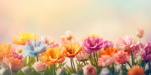 Spring flowers on pastel soft background. Beautiful colourful bloomed flowers, concept of spring field. Greeting theme. Mother's Day, Easter, Birthday, Newborn Baby card, generative AI