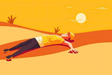 Man suffering from heat. Hot summer. Global warming. Heatstroke symptoms. Vector illustration in flat cartoon style.