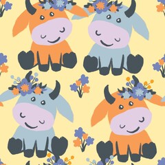 Hand drawn seamless pattern with cute orange blue cows. Funny farm animals with floral flowers, kids children nursery decor, nature farmhouse cottagecore beef bull milk cattle, domestic farm.