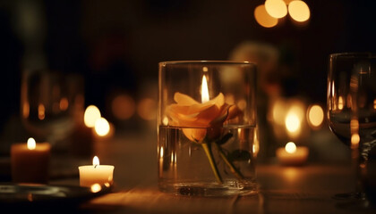 Romantic table set with glowing candlelight elegance generated by AI