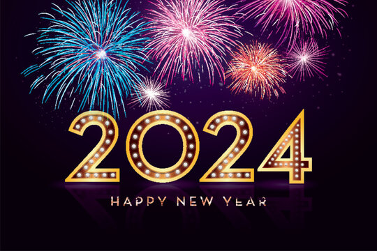 2024 Happy New Year fireworks celebration New Year's card vector black background