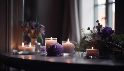 Obraz na płótnie Canvas Elegant candlelight decor on table near window generated by AI