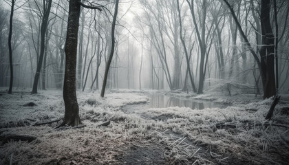 Snowy forest mystery, spooky beauty in nature generated by AI