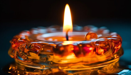Burning candle illuminates night, symbolizes spirituality and relaxation generated by AI