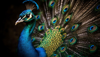 Fototapeta na wymiar Majestic peacock with vibrant multi colored feathers generated by AI
