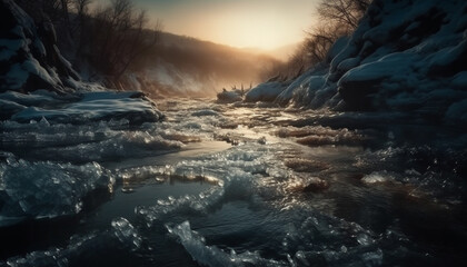Fototapeta na wymiar Mountain range cold temperature melting icy water rapid generated by AI