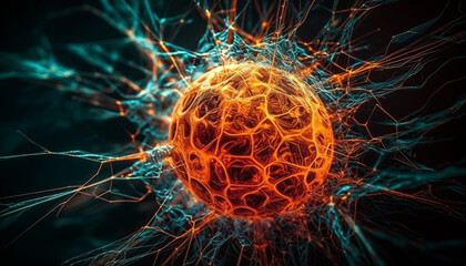 Abstract molecular structure glows in high scale magnification generated by AI