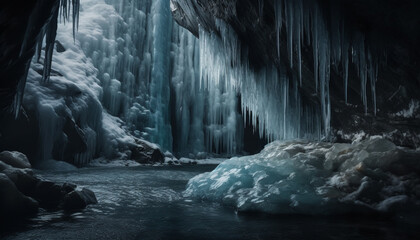 Frozen water, dripping from majestic icy cliff generated by AI