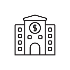Bank Finance icon with black outline style. banking, dollar, building, social, economy, savings, deposit. Vector illustration