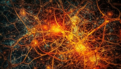 Futuristic science igniting exploding chaotic neural network generated by AI
