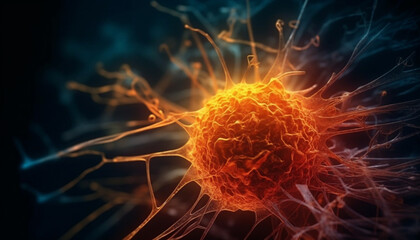 Cancer cell glows under high scale magnification generated by AI