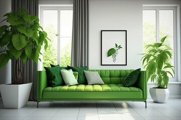 cozy living room with a green sofa and plants. Generative AI