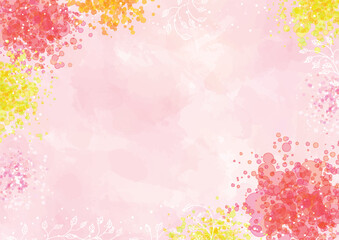 Obraz na płótnie Canvas ピンク背景に水彩風の暖色のドットなどでデコレーションした背景