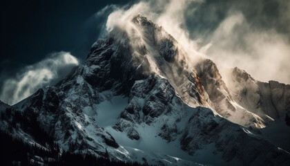 Snowcapped mountain peak majestically towers over panoramic landscape generated by AI