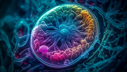 Molecular structure of cancer cell under magnification generated by AI
