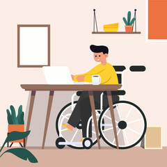 Disabled man sitting in wheelchair working with laptop computer on table at home