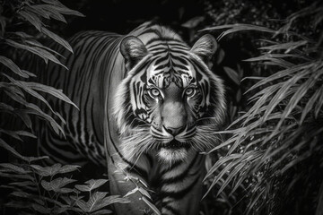 black and white illustration of a tiger in the jungle created with Generative AI technology
