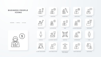 Business people icons collection with black outline style. money, payment, banking, dollar, financial, investment, deposit. Vector illustration