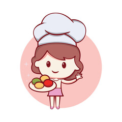 Chef logo with the concept of a woman in a chef's hat holding a cake