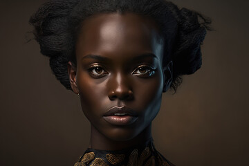 a woman with dark skin and brown eyes, she has upswept black hair created with Generative AI technology