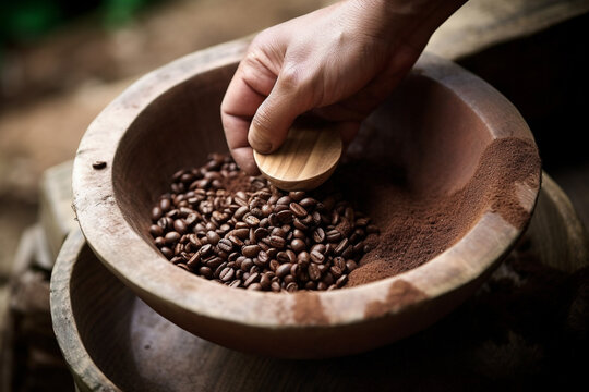 coffee beans in a wooden bowl process manually with hand. generative ai