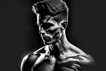 black and white illustration of young man with sidecut created with Generative AI technology