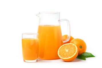 Naklejka na ściany i meble Natural squeezed orange juice with orange fruits isolated on white background.