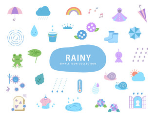 梅雨のシンプルなイラストアイコンセット / 白バック / 雨、紫陽花、水滴、6月、自然、植物、初夏 - obrazy, fototapety, plakaty