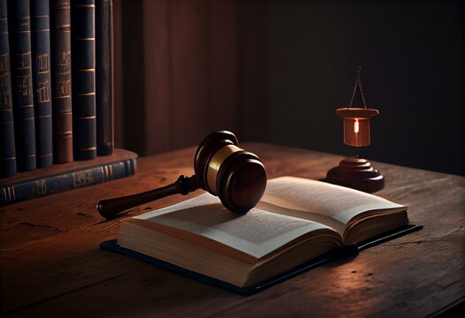 Gavel And Legal Book On Wooden Table. Generative AI