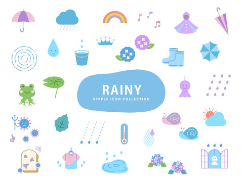 梅雨のシンプルなイラストアイコンセット / 白バック / 雨、紫陽花、水滴、6月、自然、植物、初夏