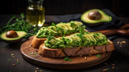 Tasty avocado toasts on wooden board, Generative AI