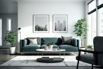 Fototapeta na wymiar cozy living room with modern furniture and greenery accents. Generative AI