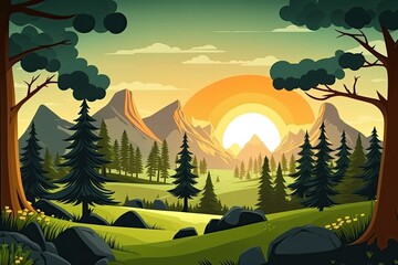 serene forest landscape at sunset. Generative AI