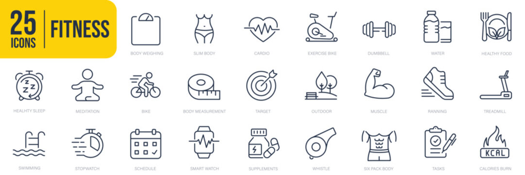 Fitness thin line icons. Editable stroke. For website marketing design, logo, app, template, ui, etc. Vector illustration.