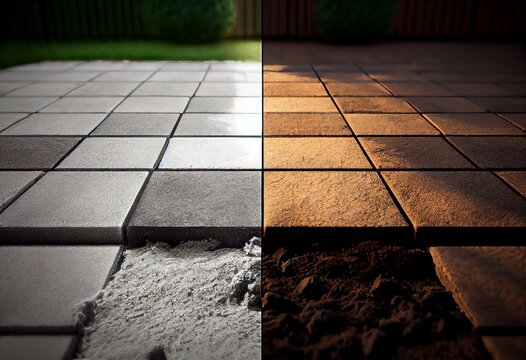 Contrast Between Auto Block Slab Patio Paving Slabs Floor Dirty Clean Pressured Washed Before And After Cleaning. Generative AI