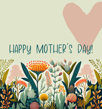 Mother's Day card. Floral colourful banner. Foliage ornament. Exotic plants and flowers square frame background, illustration, card, post. Generative AI graphic design.	
