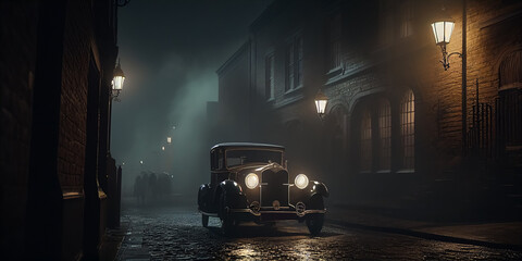 Illustration of red vintage car on the cobble stone street, historic European cityscape with misty environment, AI-generated image.	

