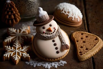 Obraz na płótnie Canvas Snowman Cookie Among a Group of Festive Cookie. Generative AI