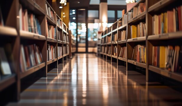 Bookstore aisle with background, blurred background, image created with AI