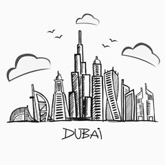 Detailed dubai line vector cityscape with skyscrapers. Uae landmark skyline. Architecture dubai skyscraper illustration