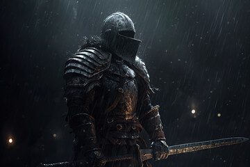 Naklejka premium Medieval faceless knight in helmet, in armor with sword on rainy night. Generative AI