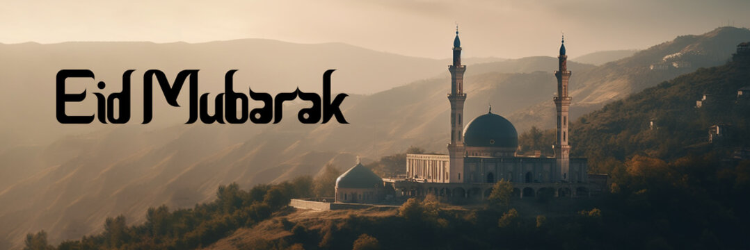 Eid Mubarak greeting seasion with blue mosque at night
