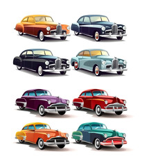 Obraz na płótnie Canvas Illustration of colorful Classic car icons on white background, AI Generated image.