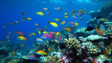 Naklejka na ściany i meble Beautiful underwater scenes with a wide range of aquatic creatures.The Generative AI