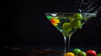 Martini with lemon and green olives. splats on a shadowy.The Generative AI