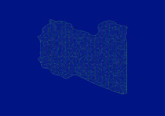 Vector Libya map for technology or innovation or it concepts. Minimalist country border filled with 1s and 0s. File is suitable for digital editing and prints of all sizes.