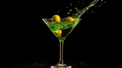Martini with lemon and green olives. splats on a shadowy.The Generative AI