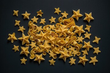 heap of golden pasta stars on a dark background. Generative AI