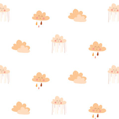 Baby seamless pattern with clouds in boho style. Vector illustration. Flat style. Children bohemian print with clouds and drops.