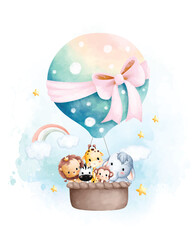 Watercolor illustration Cute baby animals in hot air balloon